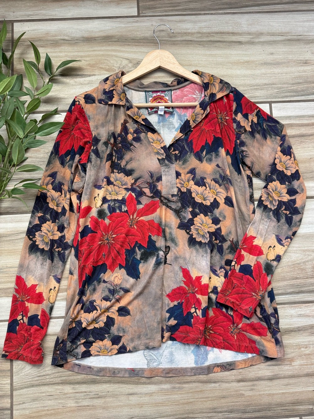 Johnny Was Claret Swing Polo Tee S Bamboo Floral Butterfly Boho Holiday